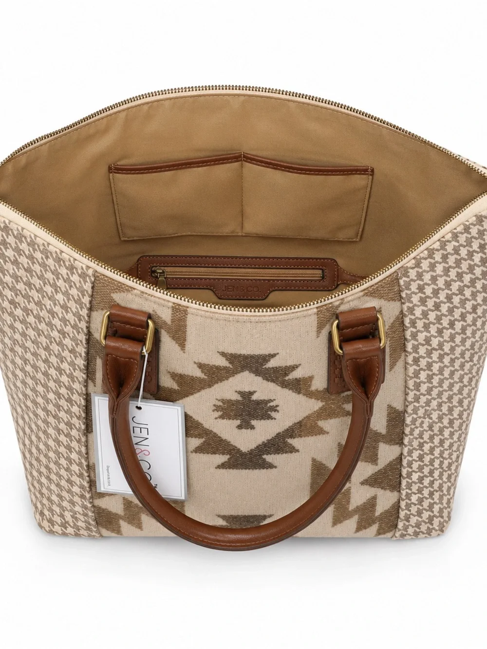 Jen & Co. Southwestern Houndstooth Tote Bag NWT Neutral Brown Beige